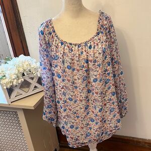 Sanctuary red white blue floral long split sleeve blouse Size L New
